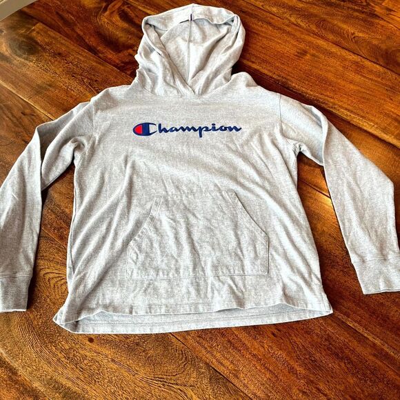 Champion Tops - Champion Hoodie Women Small Gray Cotton Logo Kangaroo Pockets Side Slit Pullover